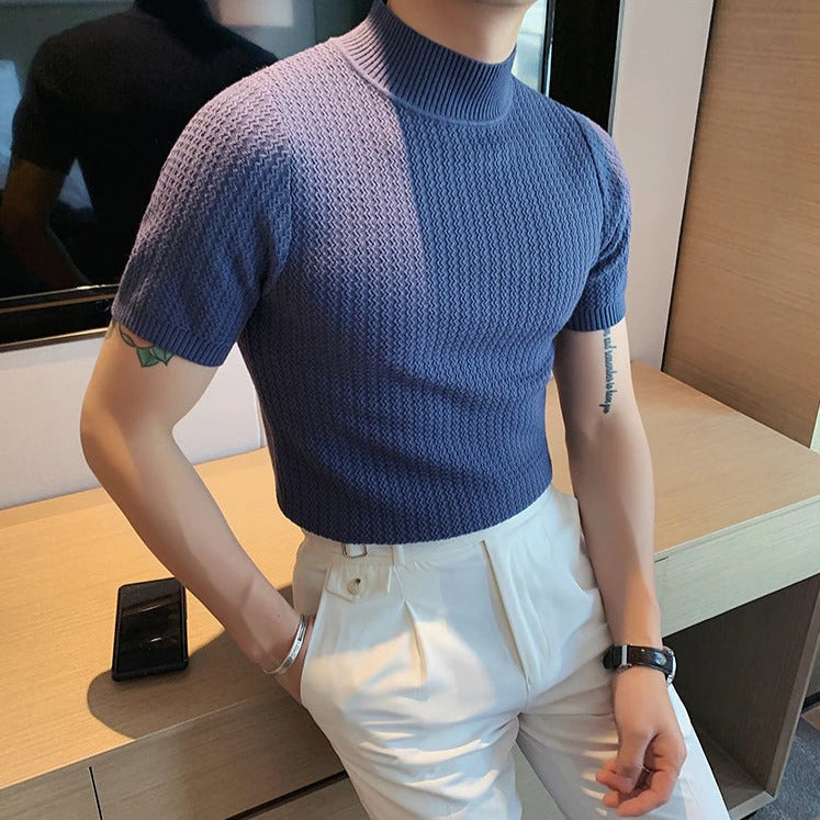 Strick-T-Shirt | Hoher Kragen | Kurzarm | Rollkragen-T-Shirt | Herrenbekleidung-Chaps Herrenmode