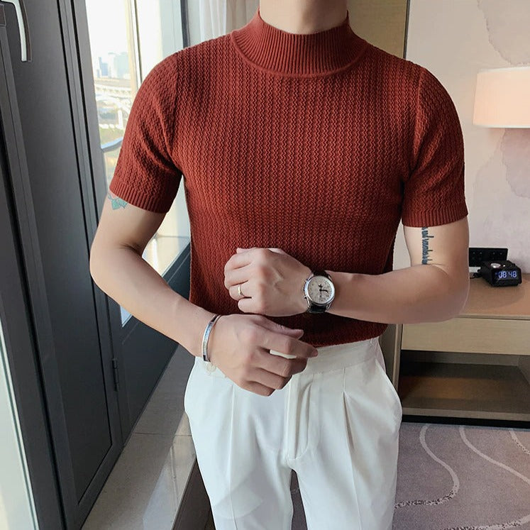Strick-T-Shirt | Hoher Kragen | Kurzarm | Rollkragen-T-Shirt | Herrenbekleidung-Chaps Herrenmode