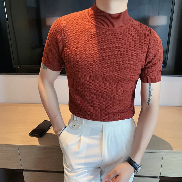 Strick-T-Shirt | Hoher Kragen | Kurzarm | Rollkragen-T-Shirt | Herrenbekleidung-Dunkelrot-M-Chaps Herrenmode
