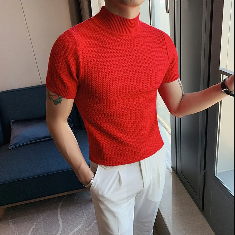 Strick-T-Shirt | Hoher Kragen | Kurzarm | Rollkragen-T-Shirt | Herrenbekleidung-Rot-M-Chaps Herrenmode