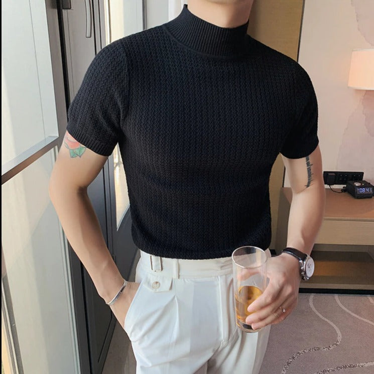 Strick-T-Shirt | Hoher Kragen | Kurzarm | Rollkragen-T-Shirt | Herrenbekleidung-Schwarz-M-Chaps Herrenmode