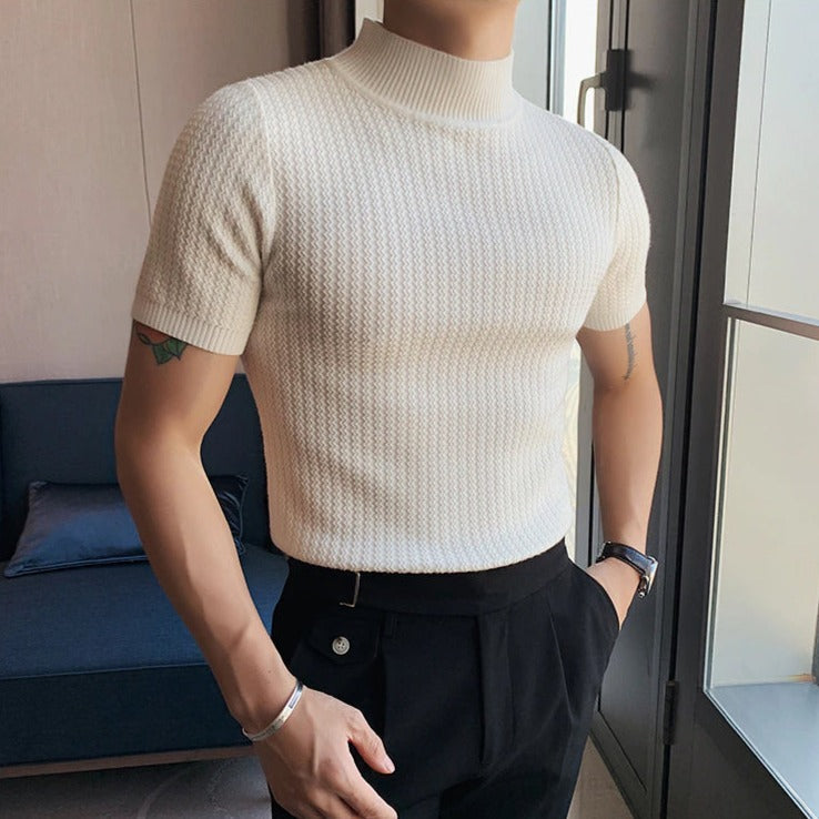 Strick-T-Shirt | Hoher Kragen | Kurzarm | Rollkragen-T-Shirt | Herrenbekleidung-Weiß-M-Chaps Herrenmode