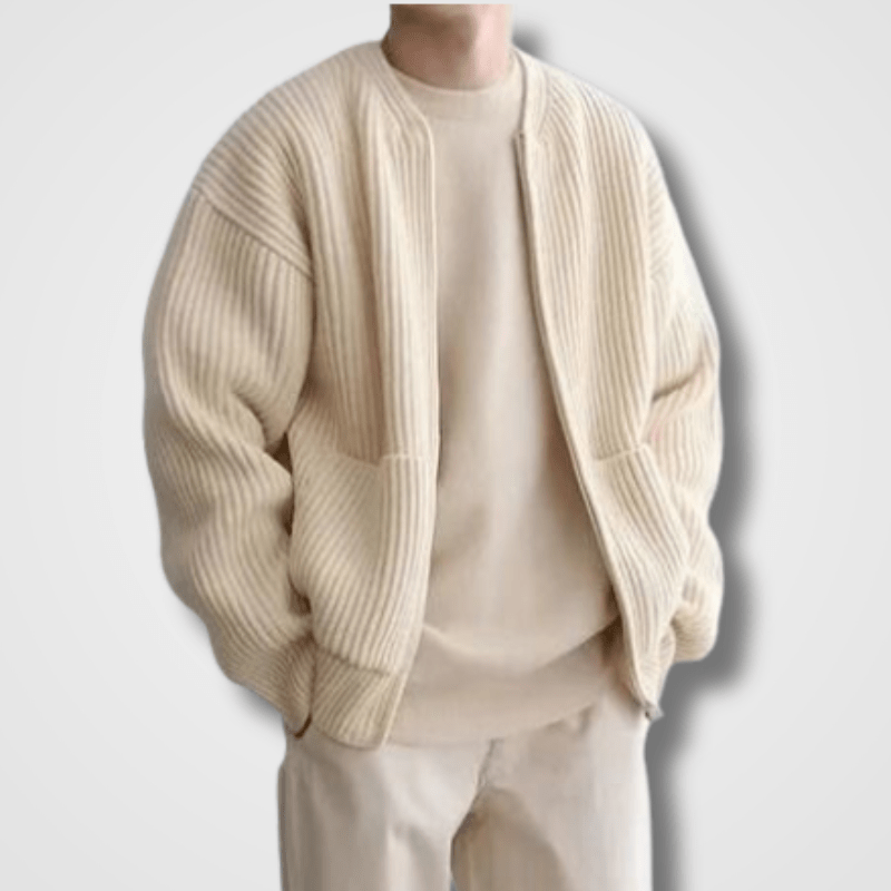 Strickjacke | Full Zip | Chunky | Zip-Up Cardigan | Strickjacke für Männer-Beige-S-Chaps Herrenmode