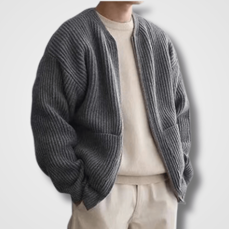 Strickjacke | Full Zip | Chunky | Zip-Up Cardigan | Strickjacke für Männer-Grau-S-Chaps Herrenmode