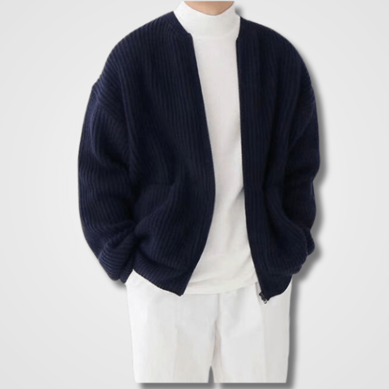 Strickjacke | Full Zip | Chunky | Zip-Up Cardigan | Strickjacke für Männer-Marineblau-S-Chaps Herrenmode