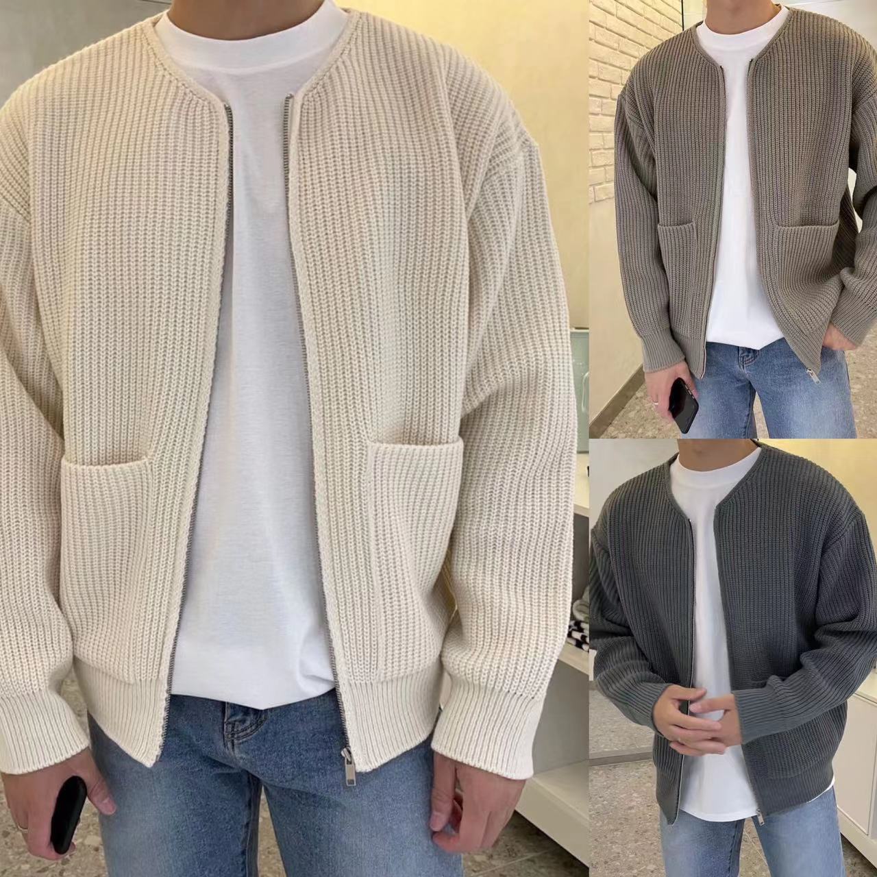 Strickjacke – Grob gestrickte Herrenjacke mit durchgehendem Reißverschluss und Taschen-Chaps Herrenmode