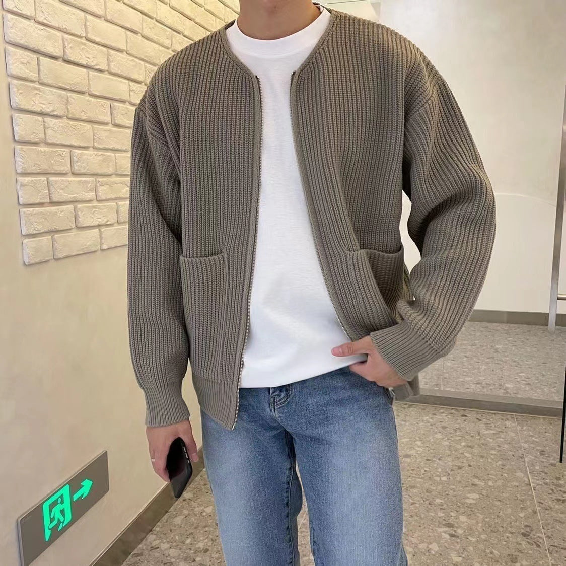 Strickjacke – Grob gestrickte Herrenjacke mit durchgehendem Reißverschluss und Taschen-Khaki-2XL-Chaps Herrenmode