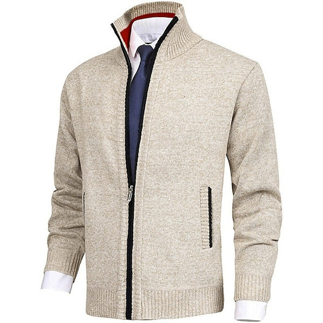 Strickjacke - Herren-Stehkragen-Zip-Strickjacke mit Taschen-XS-Beige-Chaps Herrenmode