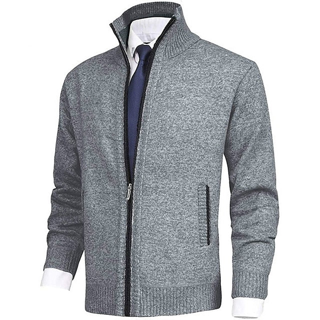 Strickjacke - Herren-Stehkragen-Zip-Strickjacke mit Taschen-XS-Hellgrau-Chaps Herrenmode
