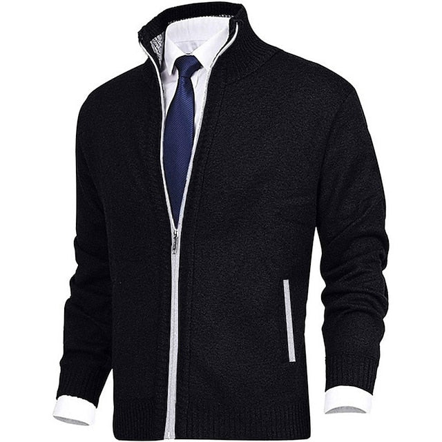 Strickjacke - Herren-Stehkragen-Zip-Strickjacke mit Taschen-XS-Schwarz-Chaps Herrenmode