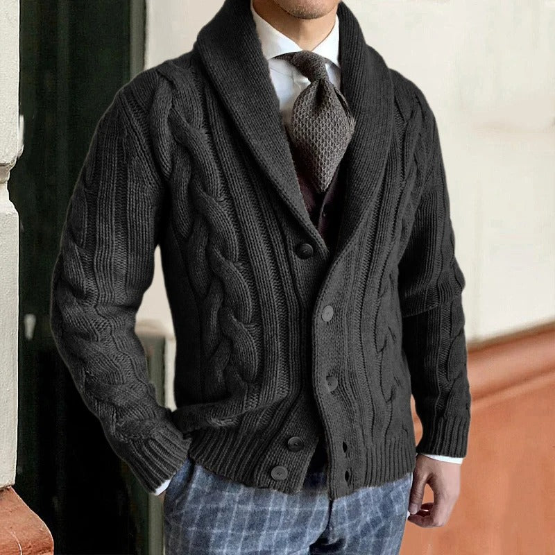 Strickjacke - Herren Strickjacke mit Knopfleiste und Zopfmuster für den Winter-Schwarz-M-Chaps Herrenmode