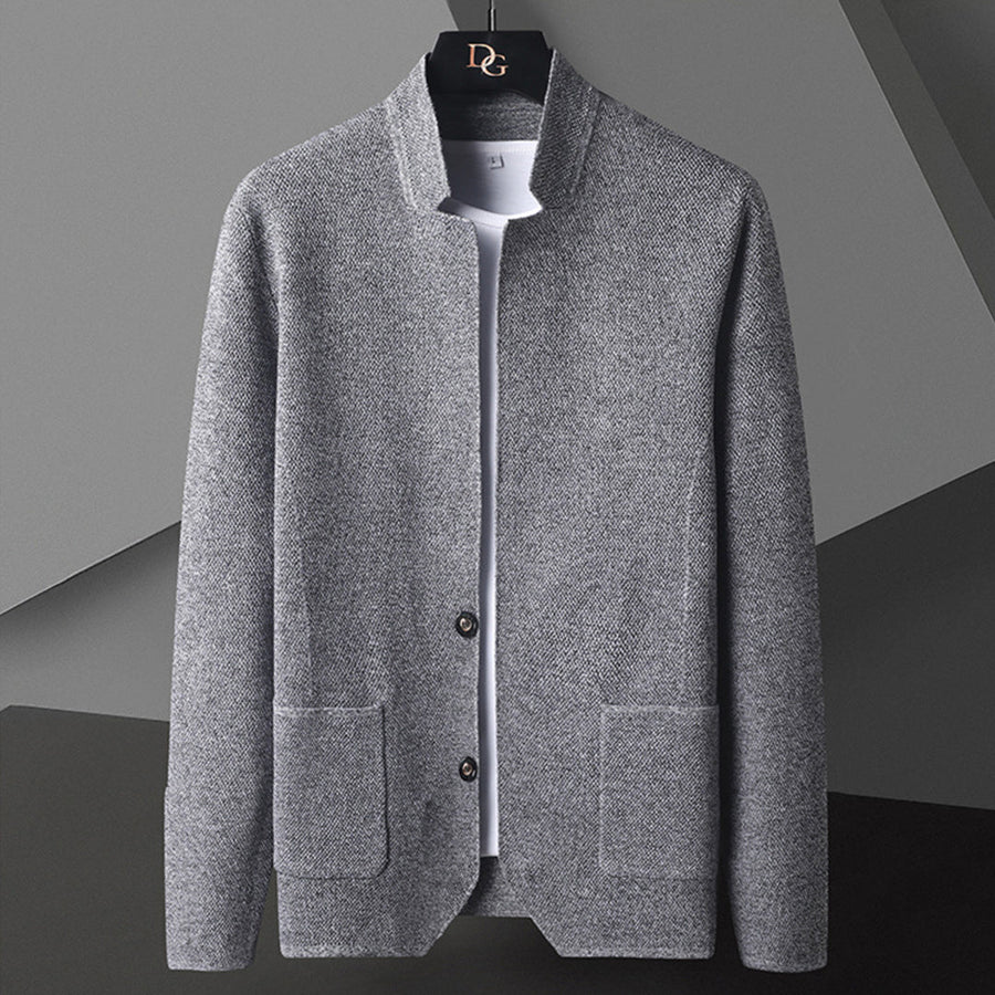 Strickjacke – Jacke – mit Knöpfen – Taschen – Cardigan-Blazer – Herren-Strickjacke-Grau-M-Chaps Herrenmode