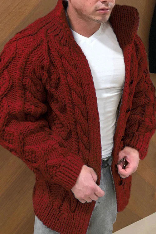 Strickjacke | Knopfleiste | Cable Knit | Klobige Strickjacke | Herrenbekleidung-Rot-M-Chaps Herrenmode