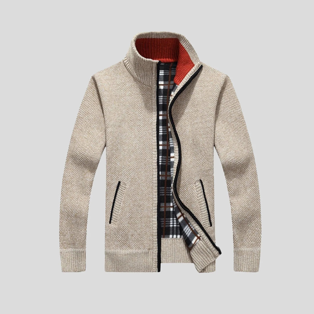 Strickjacke – Warme Herrenjacke mit Stehkragen und Reißverschluss-Beige-S-Chaps Herrenmode