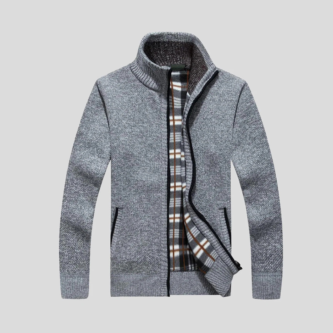 Strickjacke – Warme Herrenjacke mit Stehkragen und Reißverschluss-Hellgrau-S-Chaps Herrenmode