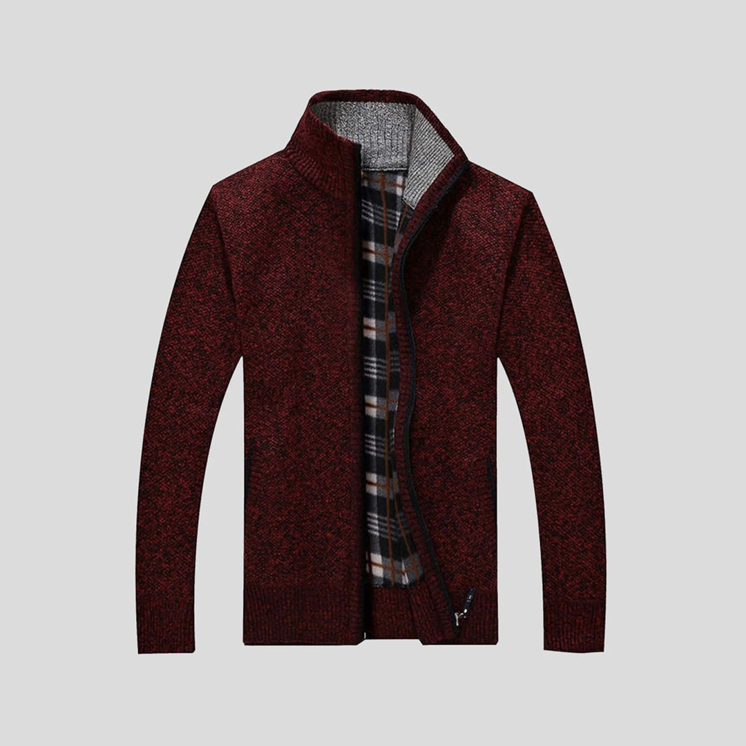 Strickjacke – Warme Herrenjacke mit Stehkragen und Reißverschluss-Weinrot-S-Chaps Herrenmode