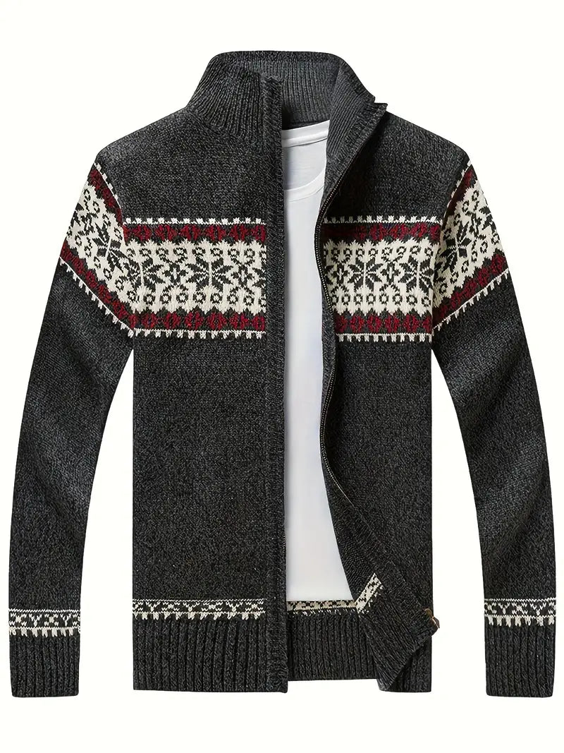 Strickjacke – Warme Winter-Strickjacke für Herren mit Reißverschluss und Schneeflockenmotiv-Dunkelgrau-S-Chaps Herrenmode