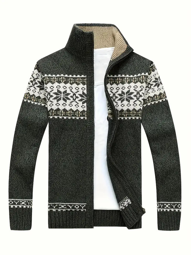 Strickjacke – Warme Winter-Strickjacke für Herren mit Reißverschluss und Schneeflockenmotiv-Grün-S-Chaps Herrenmode