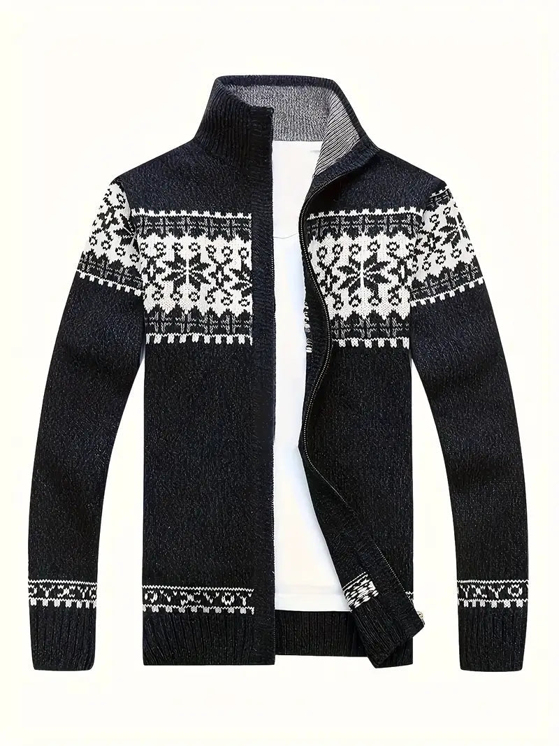 Strickjacke – Warme Winter-Strickjacke für Herren mit Reißverschluss und Schneeflockenmotiv-Schwarz-S-Chaps Herrenmode