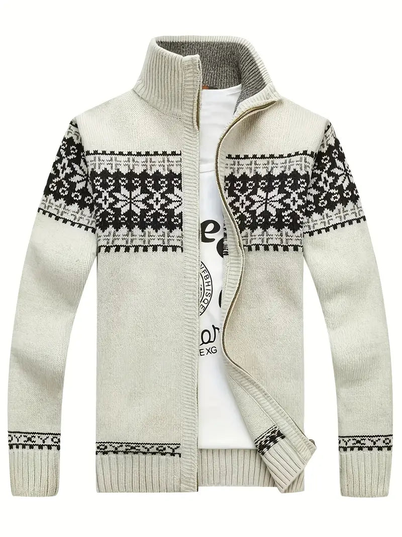 Strickjacke – Warme Winter-Strickjacke für Herren mit Reißverschluss und Schneeflockenmotiv-Weiß-S-Chaps Herrenmode