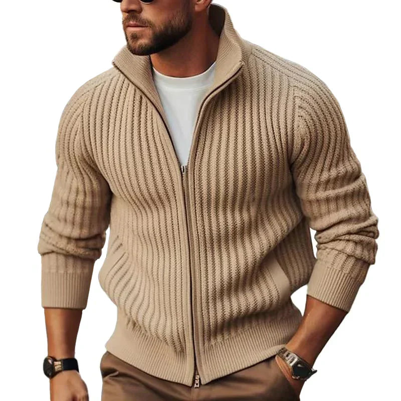 Strickjacke – durchgehend mit Reißverschluss – Rippstrick – Reißverschlussjacke – Herrenjacke-Braun-S-Chaps Herrenmode