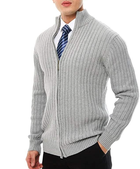 Strickjacke – durchgehend mit Reißverschluss – Rippstrick – Reißverschlussjacke – Herrenjacke-Grau-S-Chaps Herrenmode