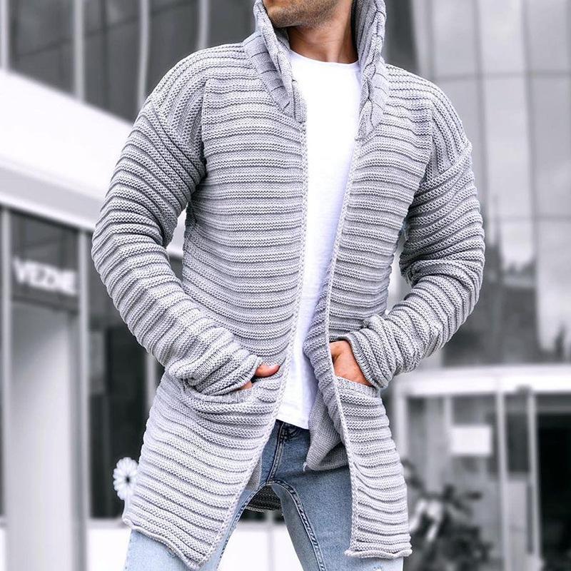 Strickjacke – mit Kapuze – vorne offen – lange Strickjacke – Herren-Strickjacke-Grau-M-Chaps Herrenmode