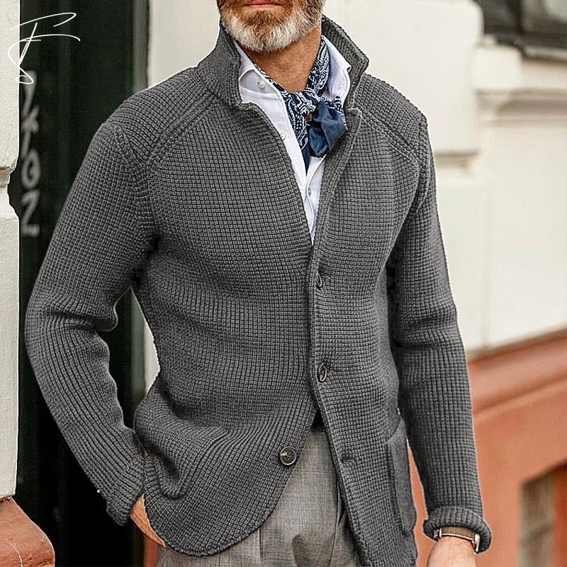 Strickjacke mit Knöpfen – Strickjacke – Taschen – Grob gestrickte Strickjacke – Herrenjacke-Grau-S-Chaps Herrenmode