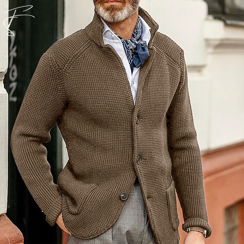 Strickjacke mit Knöpfen – Strickjacke – Taschen – Grob gestrickte Strickjacke – Herrenjacke-Hellbraun-S-Chaps Herrenmode