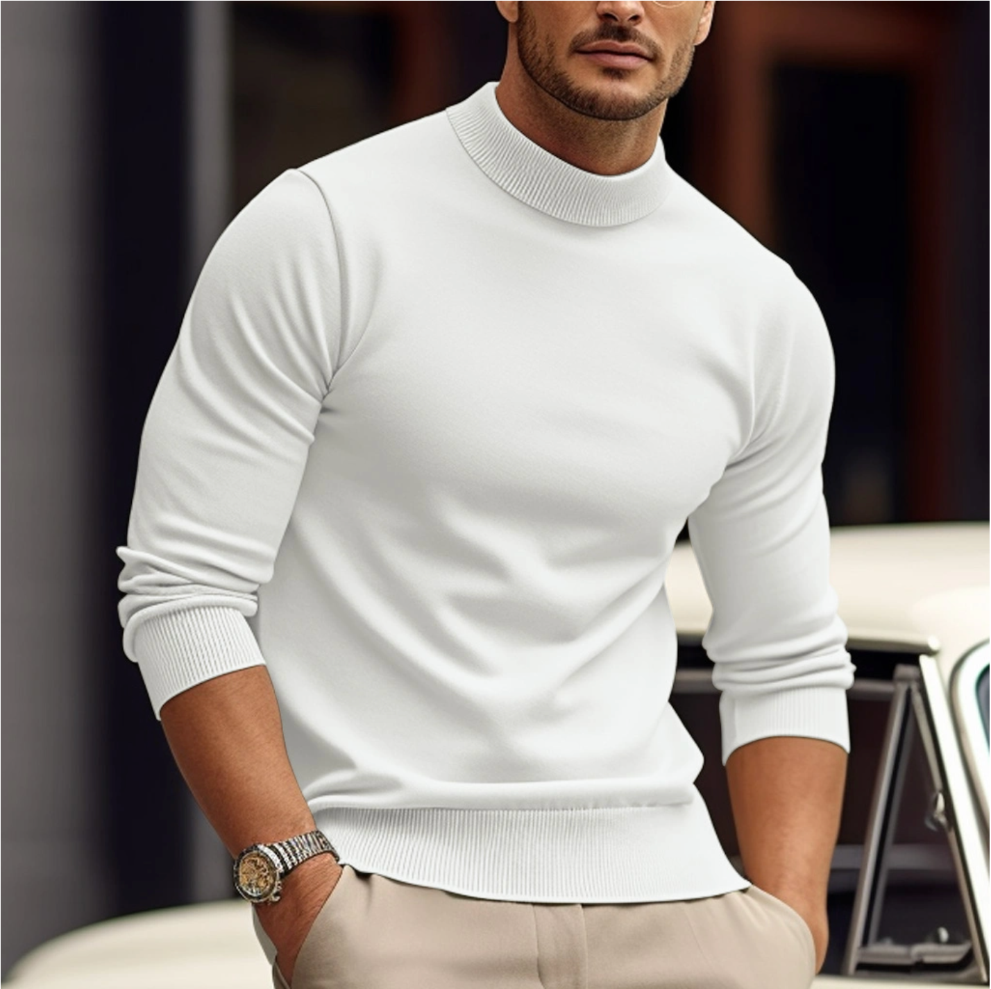 Strickpullover - Hoher Hals - Lange Ärmel - Rollkragenpullover - Pullover für Männer-Weiß-XS-Chaps Herrenmode