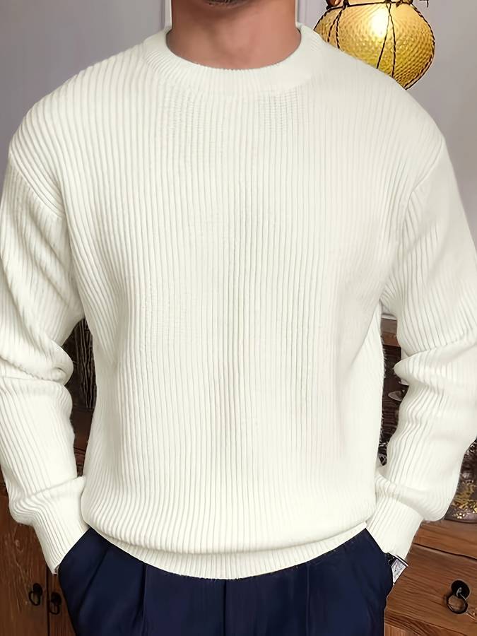 Strickpullover - Lässiger Herren Pullover mit Rundhalsausschnitt aus Rippenstrick-Weiß-S-Chaps Herrenmode