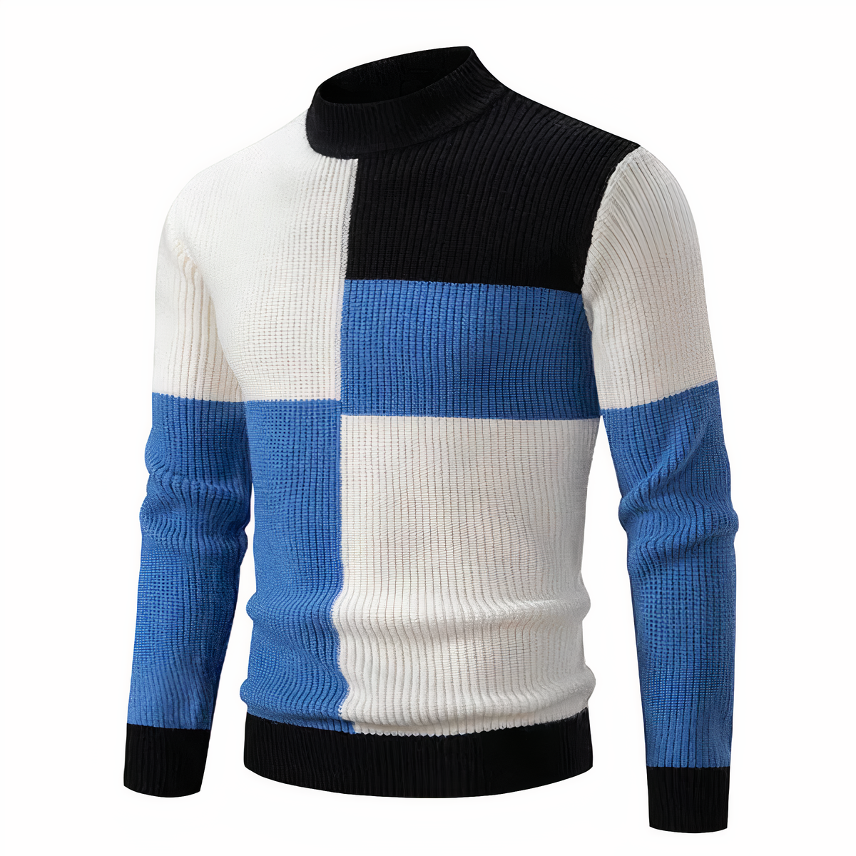 Strickpullover – schmal geschnittener Herren-Pullover mit hohem Kragen und Patchworkmuster-Blau-Weiß-S-Chaps Herrenmode