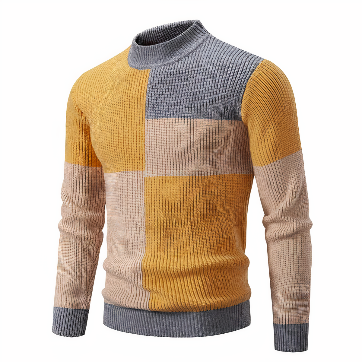 Strickpullover – schmal geschnittener Herren-Pullover mit hohem Kragen und Patchworkmuster-Gelb-Grau-Khaki-S-Chaps Herrenmode
