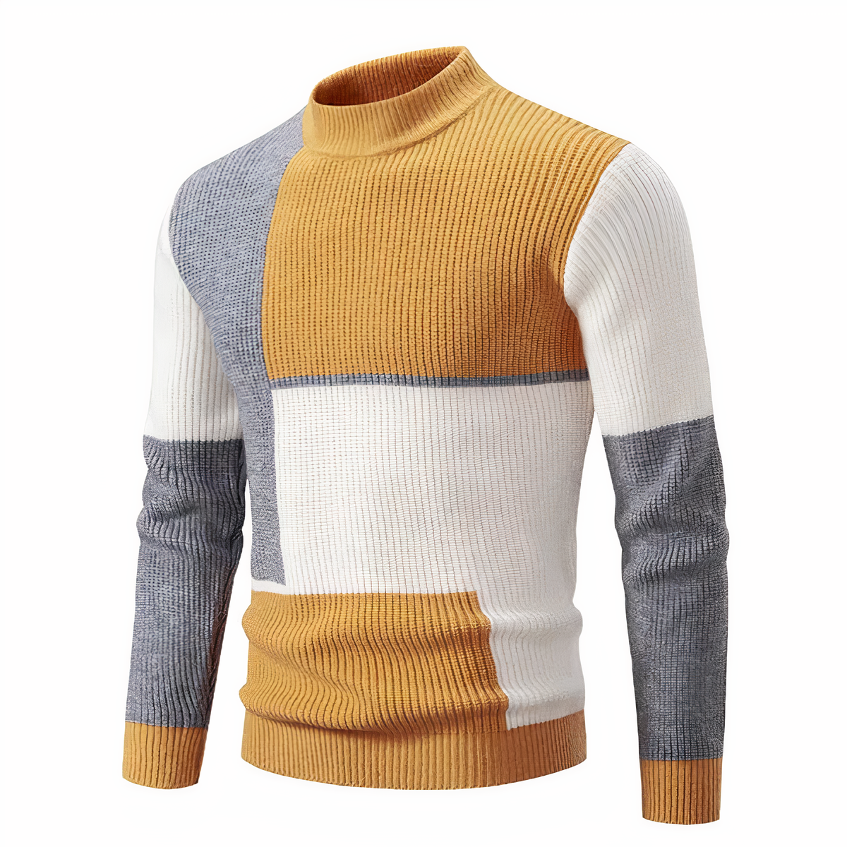 Strickpullover – schmal geschnittener Herren-Pullover mit hohem Kragen und Patchworkmuster-Gelb-Grau-S-Chaps Herrenmode