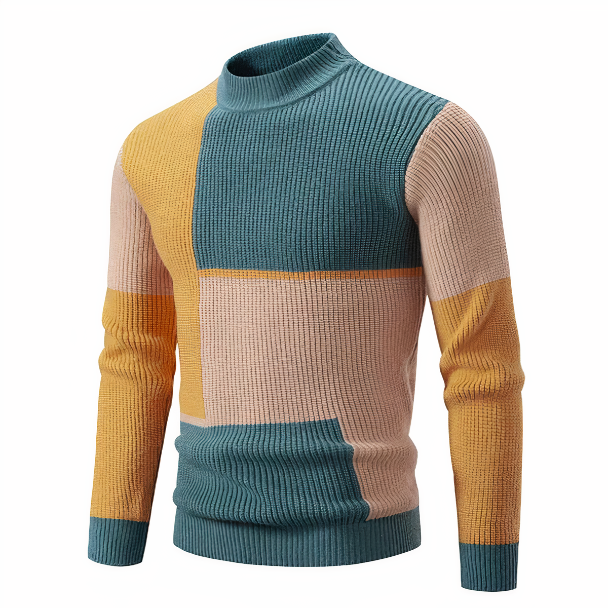 Strickpullover – schmal geschnittener Herren-Pullover mit hohem Kragen und Patchworkmuster-Gelb-Khaki-S-Chaps Herrenmode