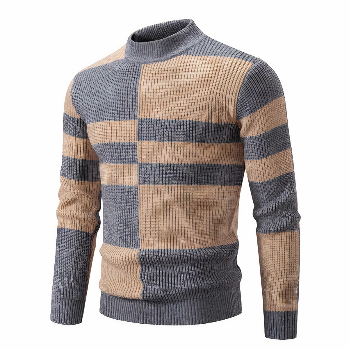 Strickpullover – schmal geschnittener Herren-Pullover mit hohem Kragen und Patchworkmuster-Grau-Khaki-S-Chaps Herrenmode
