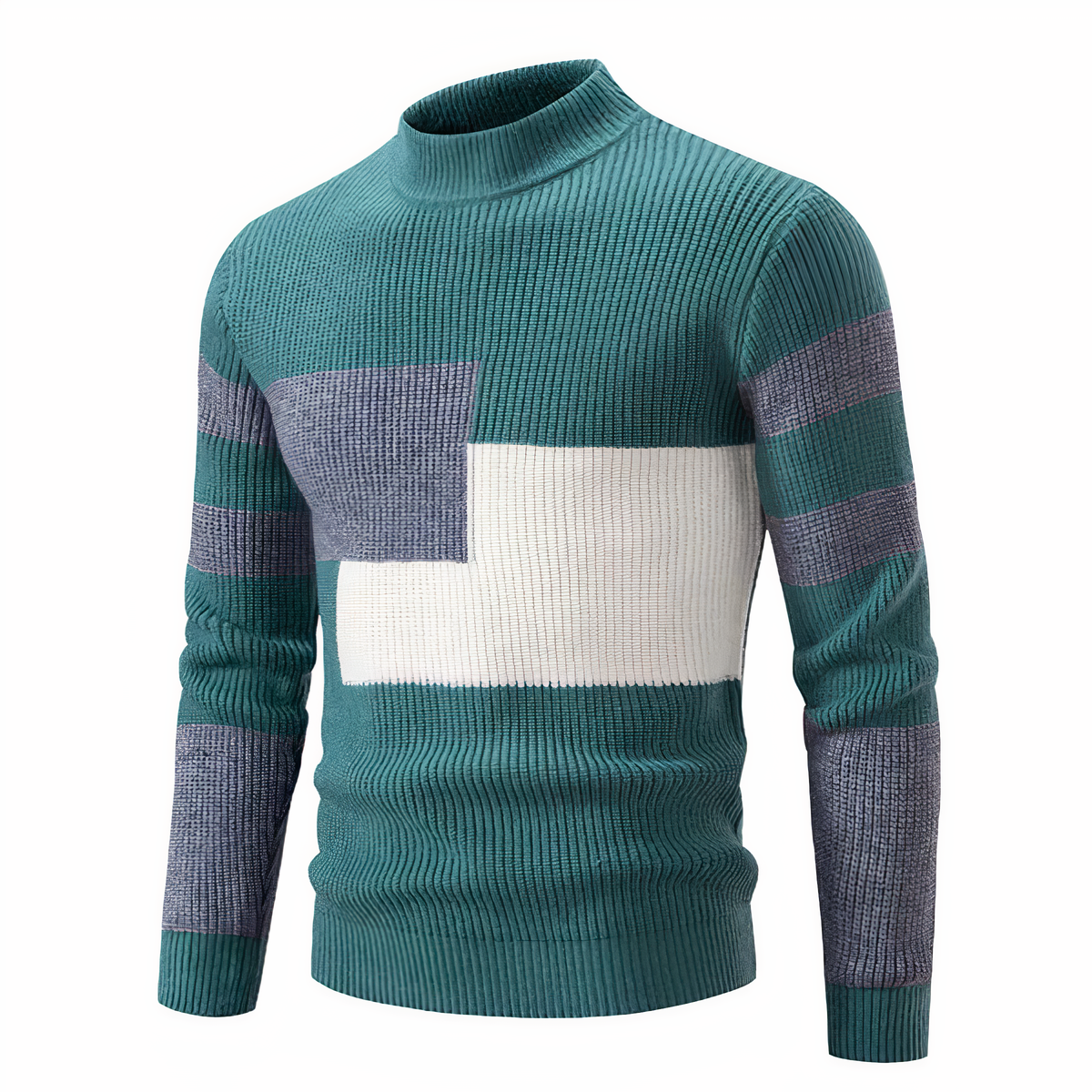 Strickpullover – schmal geschnittener Herren-Pullover mit hohem Kragen und Patchworkmuster-Grün-Grau-S-Chaps Herrenmode