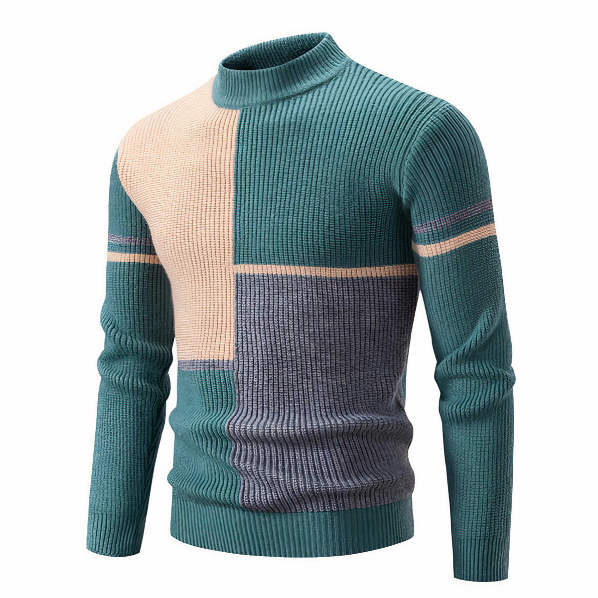 Strickpullover – schmal geschnittener Herren-Pullover mit hohem Kragen und Patchworkmuster-Grün-Khaki-S-Chaps Herrenmode