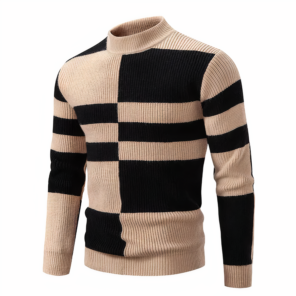 Strickpullover – schmal geschnittener Herren-Pullover mit hohem Kragen und Patchworkmuster-Khaki-Schwarz-S-Chaps Herrenmode