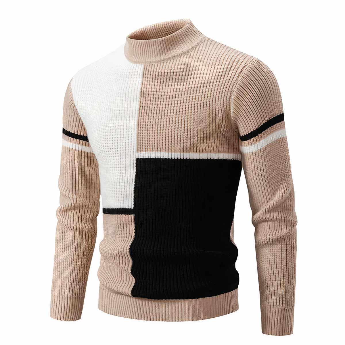 Strickpullover – schmal geschnittener Herren-Pullover mit hohem Kragen und Patchworkmuster-Khaki-Weiß-S-Chaps Herrenmode