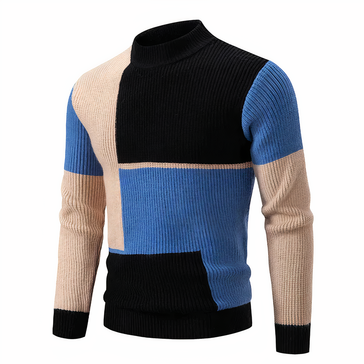 Strickpullover – schmal geschnittener Herren-Pullover mit hohem Kragen und Patchworkmuster-Schwarz-Blau-S-Chaps Herrenmode