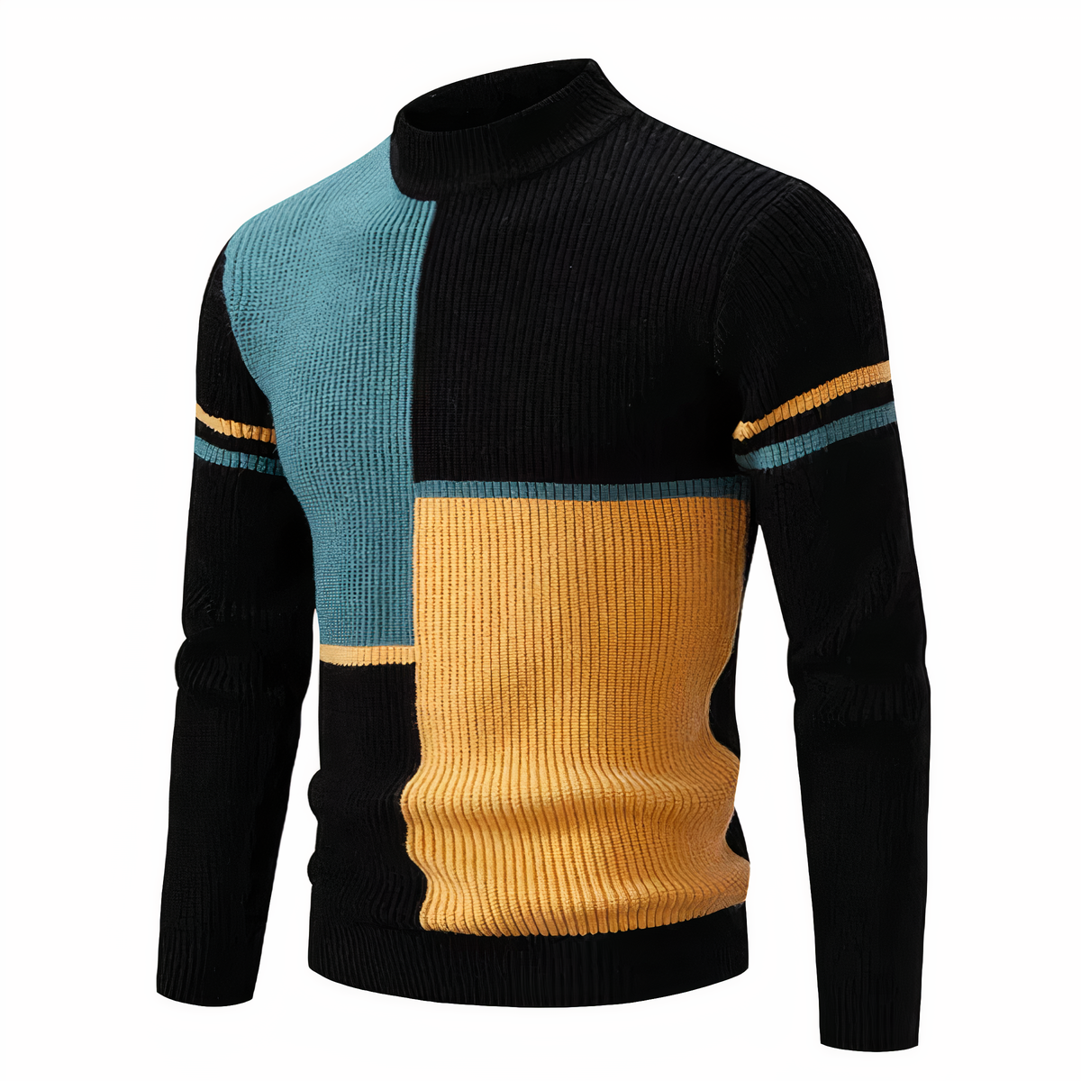 Strickpullover – schmal geschnittener Herren-Pullover mit hohem Kragen und Patchworkmuster-Schwarz-Gelb-S-Chaps Herrenmode