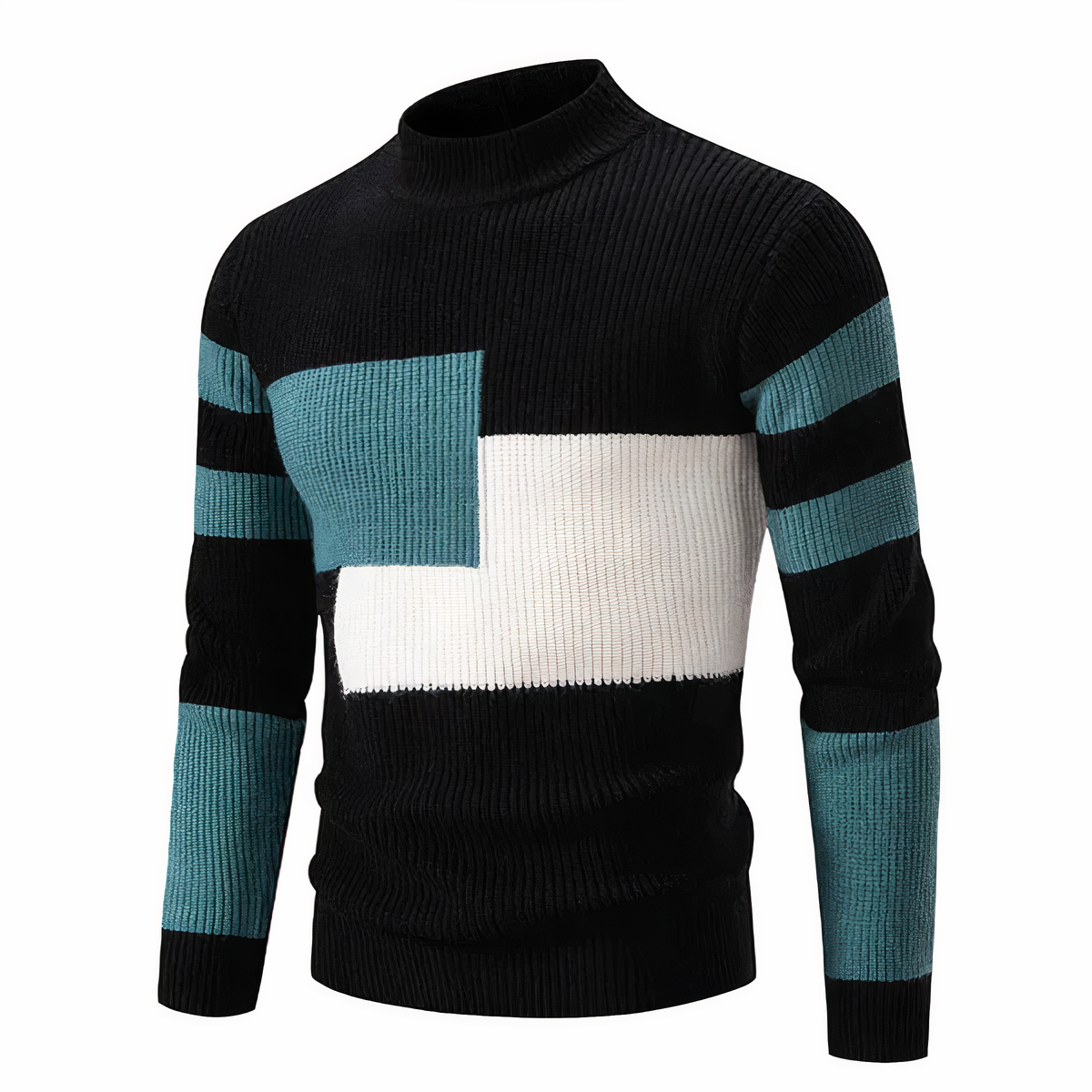 Strickpullover – schmal geschnittener Herren-Pullover mit hohem Kragen und Patchworkmuster-Schwarz-Grün-S-Chaps Herrenmode