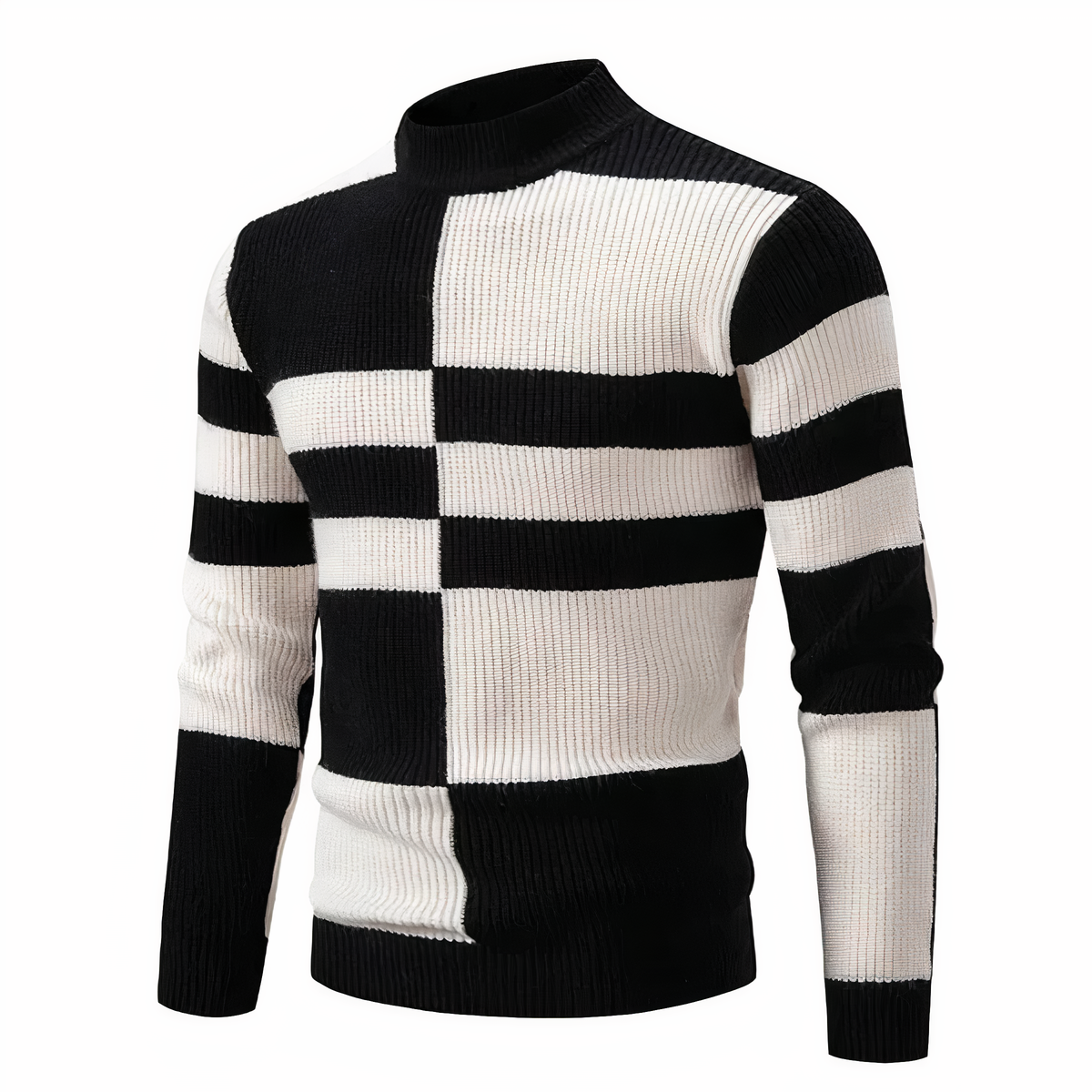 Strickpullover – schmal geschnittener Herren-Pullover mit hohem Kragen und Patchworkmuster-Schwarz-Weiß-S-Chaps Herrenmode