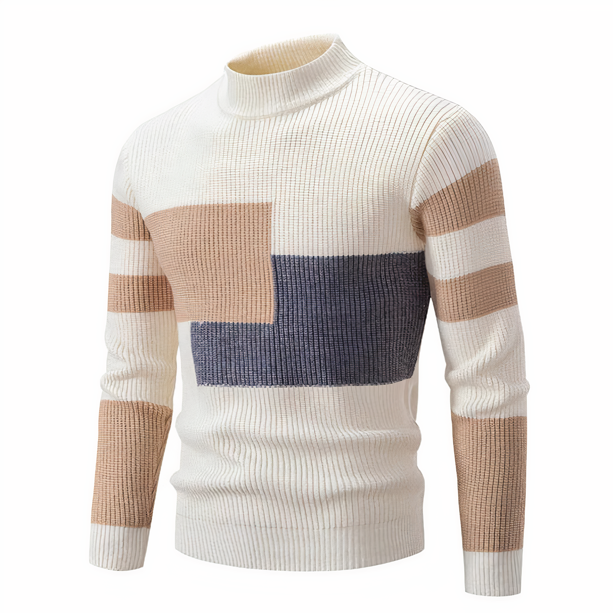 Strickpullover – schmal geschnittener Herren-Pullover mit hohem Kragen und Patchworkmuster-Weiß-Khaki-S-Chaps Herrenmode