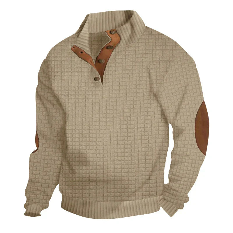 Sweatshirt - Warmer Waffelpullover für Männer mit Ellbogenaufnähern-Khaki-S-Chaps Herrenmode