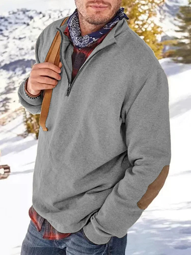Sweatshirt mit Reißverschluss | Lässig | Ellbogen-Aufnäher | Sweatshirt mit halbem Reißverschluss | Herrenbekleidung-Grau-M-Chaps Herrenmode