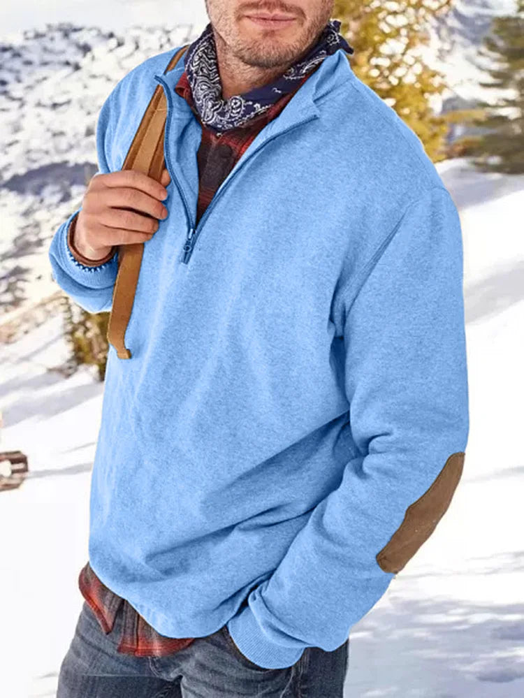 Sweatshirt mit Reißverschluss | Lässig | Ellbogen-Aufnäher | Sweatshirt mit halbem Reißverschluss | Herrenbekleidung-Himmelblau-M-Chaps Herrenmode