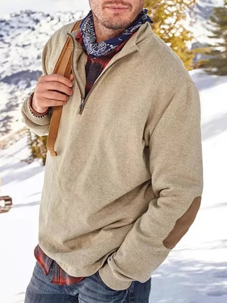 Sweatshirt mit Reißverschluss | Lässig | Ellbogen-Aufnäher | Sweatshirt mit halbem Reißverschluss | Herrenbekleidung-Khaki-M-Chaps Herrenmode