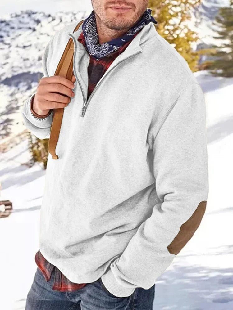 Sweatshirt mit Reißverschluss | Lässig | Ellbogen-Aufnäher | Sweatshirt mit halbem Reißverschluss | Herrenbekleidung-Weiß-M-Chaps Herrenmode